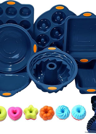 To encounter 31 Pieces Silicone Baking Pans Set, Nonstick Bakeware Sets, Non-Stick Silicone Molds, with Metal Reinforced Frame More Strength, Navy Blue