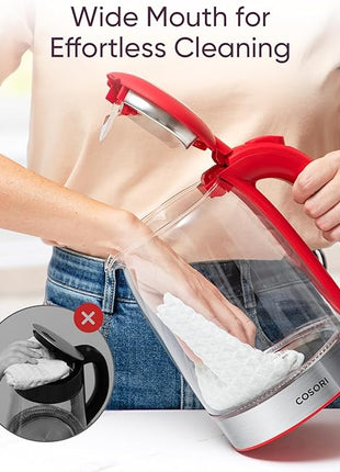 Cosori Electric Kettle, No Plastic Filter & Spout, Tea Kettle & Hot Water Boiler For Coffee & Tea, Water Heater & Teapot, Automatic Shut Off, Borosilicate glass, Red, 1.7L/1500W