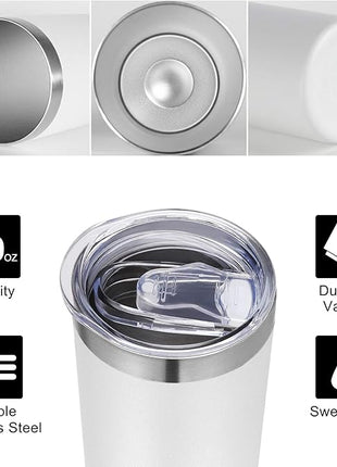 VEGOND Stainless Steel Tumblers Bulk 6 Pack, 20 oz Vacuum Insulated Skinny Tumblers with Lid and Straw, Double Wall Coffee Mug, Travel Water Cup, White