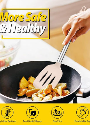 Pack of 4 Silicone Cooking Utensils Set, Non Stick Large Solid Spatulas, Heat Resistant Stainless Steel Khaki Slotted Spoons, Ideal BPA Free Kitchen Turners for Frying, Mixing,Serving,Draining,Turning