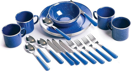 Stansport Deluxe 24-Piece Enamel Tableware Set - Enamel Plates and Bowls Lightweight and Durable Camp Dish Set for Camping and Backpacking Plates and Bowls for 4 People