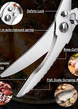 Dreach Reach Heavy Duty Poultry Shears with Serrated Edge - Kitchen Scissors For Chicken, Bone, Meat, Turkey, Fish - No Rust, Spring Loaded, Stainless Steel