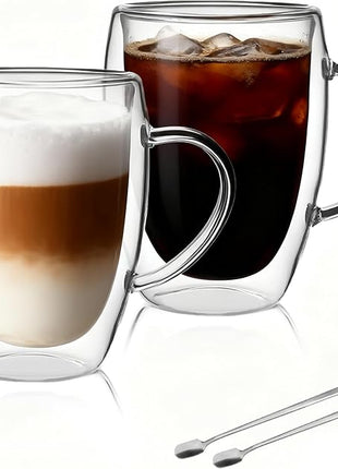 LIBWYS 2 Pack Double Walled Coffee Cups Glasses Mugs, 12oz Espresso Cappuccino Latte Tea Cups with Handle, Heat Resistant Borosilicate Clear Glasses 350ml