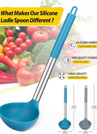 Pack of 2 Ladle Spoon,Silicone Large Spoon for Soup,Non Stick Kitchen Utensils with High Heat Resistant,BPA Free Perfect Kitchen Tools for Cooking, Stirring,Serving Soups (GREY-BLUE)