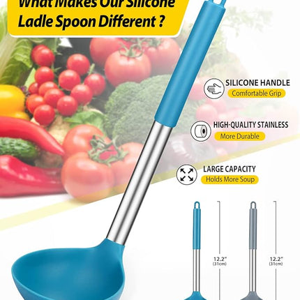 Pack of 2 Ladle Spoon,Silicone Large Spoon for Soup,Non Stick Kitchen Utensils with High Heat Resistant,BPA Free Perfect Kitchen Tools for Cooking, Stirring,Serving Soups (GREY-BLUE)