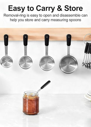 Measuring Cups and Spoons Set Stainless Steel 10 Piece for Cooking and Baking (5 Cups + 5 Spoons, Black Handle)