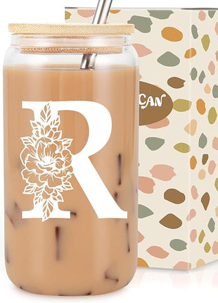 Coolife Initial Glass Cup, Monogrammed Gifts for Women, 16 oz Glass Cups w/Lids Straws, Iced Coffee Smoothie Beer Tumbler w/Straw Lid - Personalized Christmas, Birthday Gifts for Her Mom Friend Woman