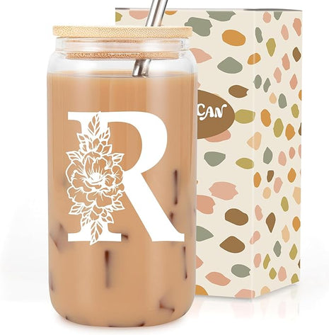 Coolife Initial Glass Cup, Monogrammed Gifts for Women, 16 oz Glass Cups w/Lids Straws, Iced Coffee Smoothie Beer Tumbler w/Straw Lid - Personalized Christmas, Birthday Gifts for Her Mom Friend Woman