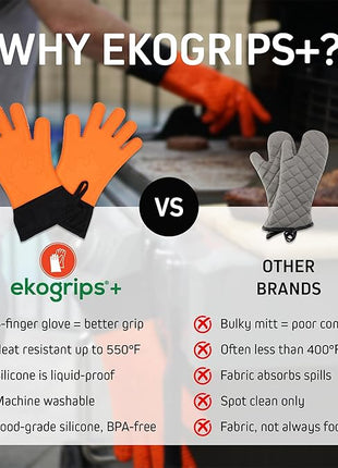 Ekogrips Plus Oven Gloves with Fingers, Comfy Waterproof Silicone Oven Mitts Heat Resistant with Long Cuff, Insulated BBQ Gloves Perfect for Grilling, Baking, Smoker, Canning, and Pizza, Black, OSFM