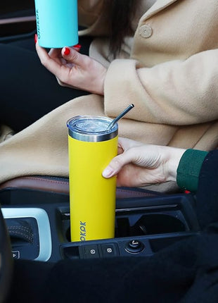 BJPKPK Yellow Skinny Stainless Steel Tumblers 20 oz Vacuum Insulated Reusable Tall Coffee Travel Tumbler Cup with Lid