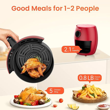Small Compact Air Fryer, 2.1QT, 4-in-1 Small Mini Airfryer, Bake, Roast, Reheat, 98% Less Oil, Adjustable Temperature Control w/ 60min Timer, Quiet, Nonstick & Dishwasher Safe Basket, BPA-Free, Red
