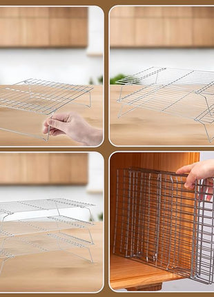 Cooling Rack for Baking 3 Tiers, 16" x 10" Cookie Cooling Wire Rack Stackable Collapsible Nonstick, Stainless Steel Baking Cooking Cooling Racks with Optimum Air Flow, Silver
