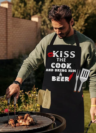 Grilling Apron - KISS THE COOK AND BRING HIM A BEER - Funny BBQ Aprons for Men Women Chef, Adjustable Kitchen Bib Apron with 2 Pockets and 40" Long Ties, Perfect for Cooking, Baking - Black