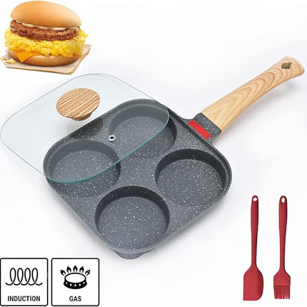 4-Cup Aluminum Nonstick Egg Pan with Lid, Suitable for Gas Stove & Induction Cookware