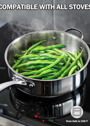 Cooks Standard 4-Quart Stainless Steel Sauté Pan with Lid, 10.5-inch Deep Frying Pan Induction Cookware, Oven Safe Large Skillet Jumbo Cooker with Stay-Cool Helper Handle