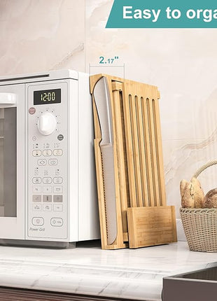 Bamboo Bread Slicer with Serrated Knife, Adjustable Guide for 3 Thickness Sizes, Foldable Chopping Board with Crumb Tray, Great for Homemade Bread, Cakes, Bagels