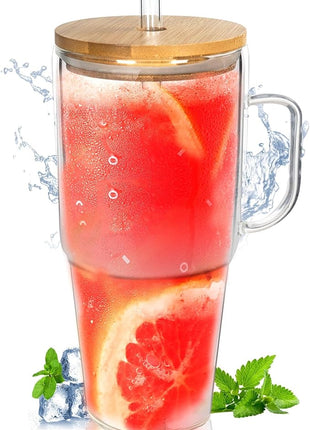 ANOTION Glass Cups with Lids and Straws - 40 Oz Tumbler with Handle and Straw Glass Water Bottles Drinking Glasses with Straws Iced Coffee Cups Travel Coffee Mug Smoothie Tumbler