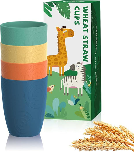 Homienly Wheat Straw Cups Alternative to Plastic Cups Set of 4 Premium Drinking Glasses - 12 OZ, Unbreakable Drinking Cups, Dishwasher & Microwave Safe Tumbler Cups for Kitchen, Kids, Picnic - Multi