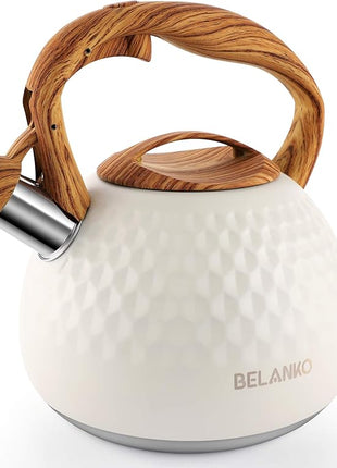 BELANKO 2.7 Quart Tea Kettle for Stovetop - Food Grade Stainless Steel with Diamond Texture, Designer Teapot Look, Cool-Touch Wood Pattern Handle, Whistling Spout - Milk White