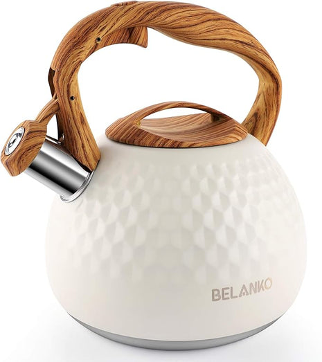 BELANKO 2.7 Quart Tea Kettle for Stovetop - Food Grade Stainless Steel with Diamond Texture, Designer Teapot Look, Cool-Touch Wood Pattern Handle, Whistling Spout - Milk White