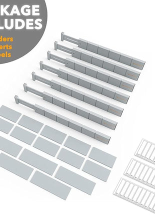SpaceAid Bamboo Drawer Dividers with Inserts and Labels, Kitchen Adjustable Drawer Organizers, Expandable Organization for Home, Office, Dressers, 7 Dividers with 15 Inserts (17"-22" Gray)