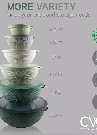 COOK WITH COLOR Mixing Bowls with Lids - 12 Piece Plastic Nesting Bowls Set includes 6 Prep Bowls and 6 Lids, Rhombus Design - Microwave Safe (Sage)