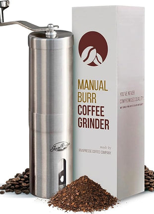 JavaPresse Manual Stainless Steel Coffee Grinder - 18 Adjustable Settings, Portable Conical Burr Grinder for Camping, Travel, Espresso - With Hand Crank