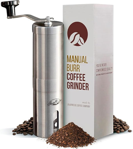 JavaPresse Manual Stainless Steel Coffee Grinder - 18 Adjustable Settings, Portable Conical Burr Grinder for Camping, Travel, Espresso - With Hand Crank