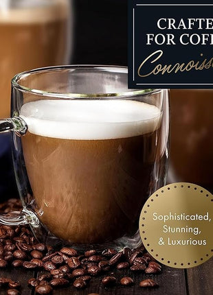 Elixir 16 oz Large Double Wall Coffee Mug Set of 2 - Double Wall Glass Coffee Cup - Large Mug - Insulated Glass Mugs with Handle for Hot Drinks Tea