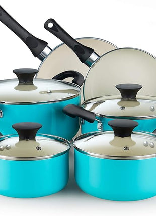 Cook N Home 10-Piece Ceramic Nonstick Cookware Set - Pots, Pans, Dutch Oven, Saucepans, Frying Pans and Lids - Turquoise
