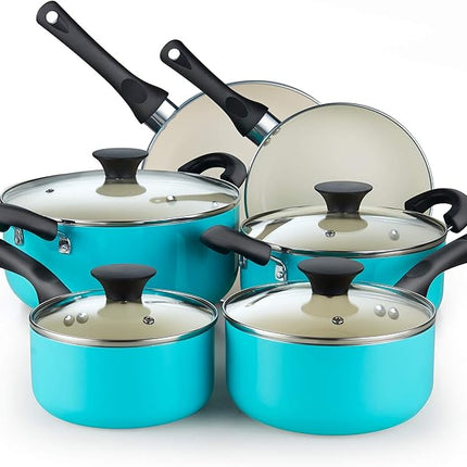 Cook N Home 10-Piece Ceramic Nonstick Cookware Set - Pots, Pans, Dutch Oven, Saucepans, Frying Pans and Lids - Turquoise