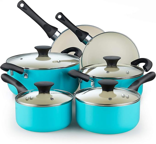 Cook N Home 10-Piece Ceramic Nonstick Cookware Set - Pots, Pans, Dutch Oven, Saucepans, Frying Pans and Lids - Turquoise