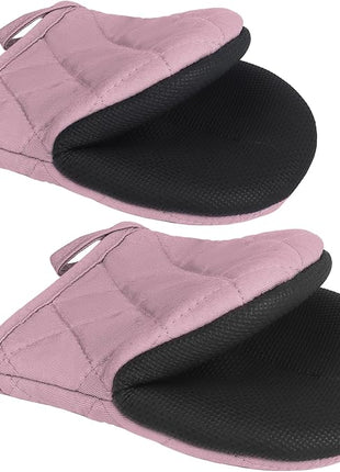 1 Pair Short Oven Mitts - Silicone Kitchen Oven Gloves High Heat Resistant 500℉, Mini Oven Mits with Non-Slip Grip Surfaces and Hanging Loop for BBQ, Baking, Cooking and Grilling (Pink)