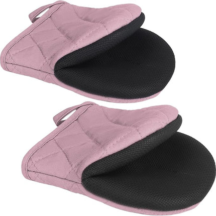 1 Pair Short Oven Mitts - Silicone Kitchen Oven Gloves High Heat Resistant 500℉, Mini Oven Mits with Non-Slip Grip Surfaces and Hanging Loop for BBQ, Baking, Cooking and Grilling (Pink)