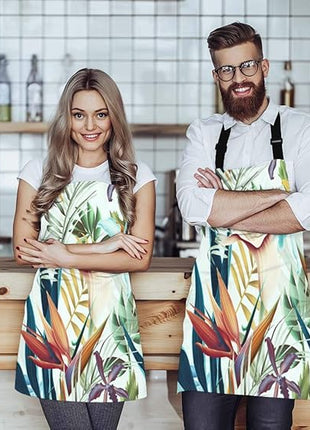 EKOBLA Tropical Flower Leaves Aprons Decorative Summer Leaf Nature Plant Hawaii Vocation Waterproof Resistant Chef Cooking Kitchen BBQ Adjustable Aprons for Women Men 27x31 Inch