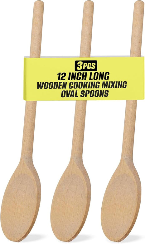 3-PCS 12″ Long Beechwood Wooden Cooking Spoons – Heat-Resistant, Non-Scratch Mixers for Non-Stick Cookware | Sustainably Sourced European Crafting