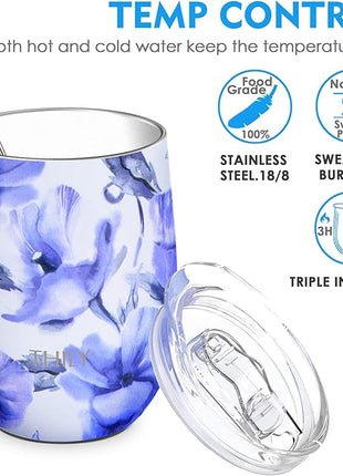 THILY Stainless Steel Insulated Wine Tumbler Stemless Wine Glass with Sliding Lid and Straw, Keep Coffee or Cocktails Cold, Cute Gifts for Women, 2 Pack(Iridaceae+Orchid)