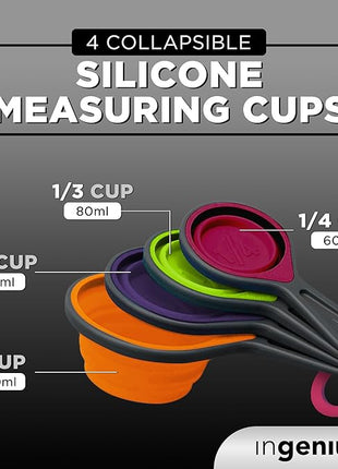 Collapsible Measuring Cups and Nesting Spoons - Adjustable Silicone for Cooking, used for Liquid and Dry Kitchen Items - Portable Portion Control, Dog Food, Kids, Travel, Camper, Space-Saving - 2 Sets