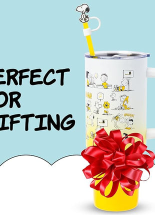 Silver Buffalo Peanuts Iconic Scenes Featuring Charlie Brown, Snoopy, Woodstock, Lucy, Sally, Linus & More Stainless Steel Tumbler w Handle, Straw, & Straw Cap, Fits in Standard Cup Holder, 40 Ounces