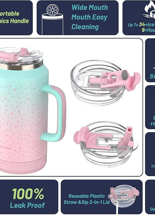 Hydraful 64 oz Tumbler with Handle and Straw - 100% Leak-Proof - Insulated Cup Reusable Stainless Steel Large Water Bottle Travel Mug for Gym, Hiking, and Camping - Gifts for Women Men Him Her