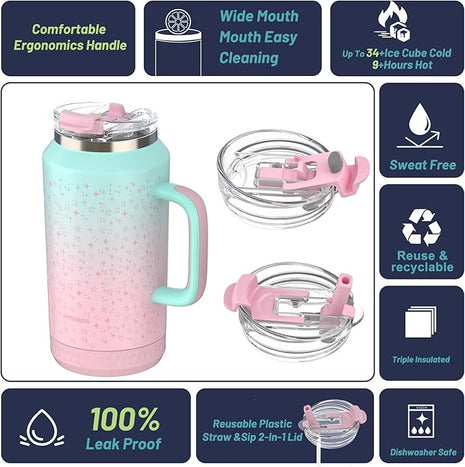 Hydraful 64 oz Tumbler with Handle and Straw - 100% Leak-Proof - Insulated Cup Reusable Stainless Steel Large Water Bottle Travel Mug for Gym, Hiking, and Camping - Gifts for Women Men Him Her