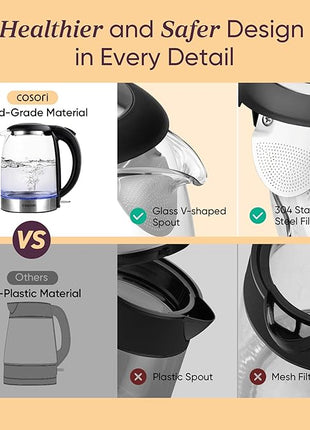Cosori Electric Kettle, No Plastic Filter & Spout, 1.8Qt Tea Kettle & Hot Water Boiler For Coffee & Tea, Water Heater & Teapot, Automatic Shut Off, Borosilicate glass, Black, 1500W