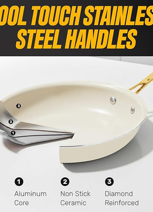 GOTHAM STEEL 15 Pc Ceramic Cookware Set, Ceramic Pots and Pans Set Non Stick with Cooking Utensils and Steamer, Non Toxic PFOA PFOS Free, Premium Gold Stay Cool Handles, Oven & Dishwasher Safe