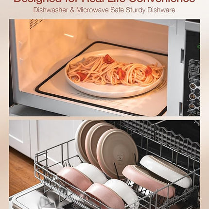 Famiware Milkyway Plates and Bowls Sets, 12 Pieces Dinnerware Sets, Reactive Glaze Dish Set, Stoneware Dishes Set for 4, Matte Beige White & Light Pink