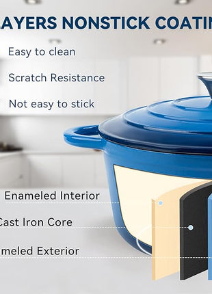 Miereirl 4.5 Quart Enameled Dutch Oven Pot with Lid, Cast Iron Dutch Oven with Dual Handles for Bread Baking, Cooking, Non-stick Enamel Coated Cookware (Dark Blue)