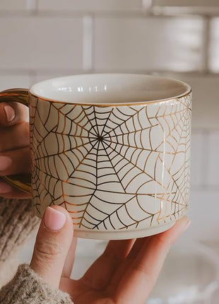 Sweet Water Decor Gold Spiderwebs Mug, 14oz Fine Bone China Coffee Cup with Gold Handle, Cute Halloween Decorations for Home, Spider Web Mug Fall Seasonal Decor, Spooky Season Gifts for Women