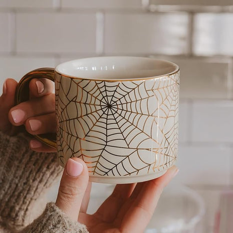 Sweet Water Decor Gold Spiderwebs Mug, 14oz Fine Bone China Coffee Cup with Gold Handle, Cute Halloween Decorations for Home, Spider Web Mug Fall Seasonal Decor, Spooky Season Gifts for Women