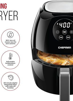 Chefman Digital 3.5 Quart Touch Screen Air Fryer Oven w/ Space Saving Flat Basket, Healthy Oil-Free Airfryer w/ 60 Minute Timer & Auto Shutoff, Dishwasher Safe Parts, BPA-Free, Black