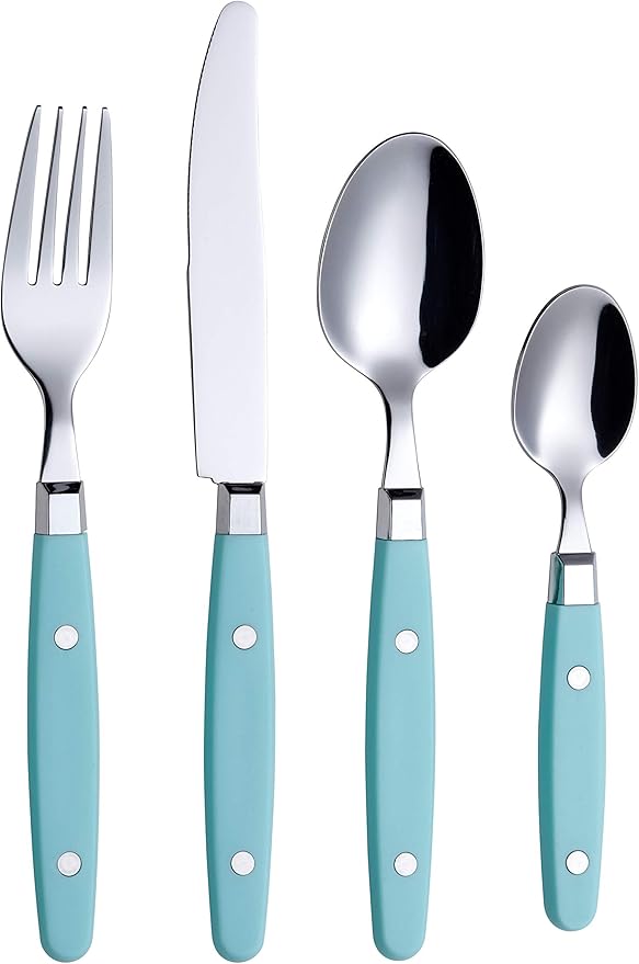 ANNOVA Silverware Set, Retro/Rivet Colorful Stainless Steel Tableware Kitchen Flatware Set Utensils, Includes Dinner Knives, Forks, Spoons & Dessert Spoons (Turquoise, 24 Pieces)