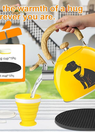 ARC Stainless Steel 2-Quart Whistling Yellow Tea Kettle with Magic Color Changing Design, Stovetop Teapot With Folding Cup & Trivet Mat
